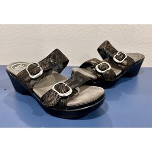 Dansko Sophie Black/Gold Metallic Double Strap Slide Wedge Sandals Womens 36 6